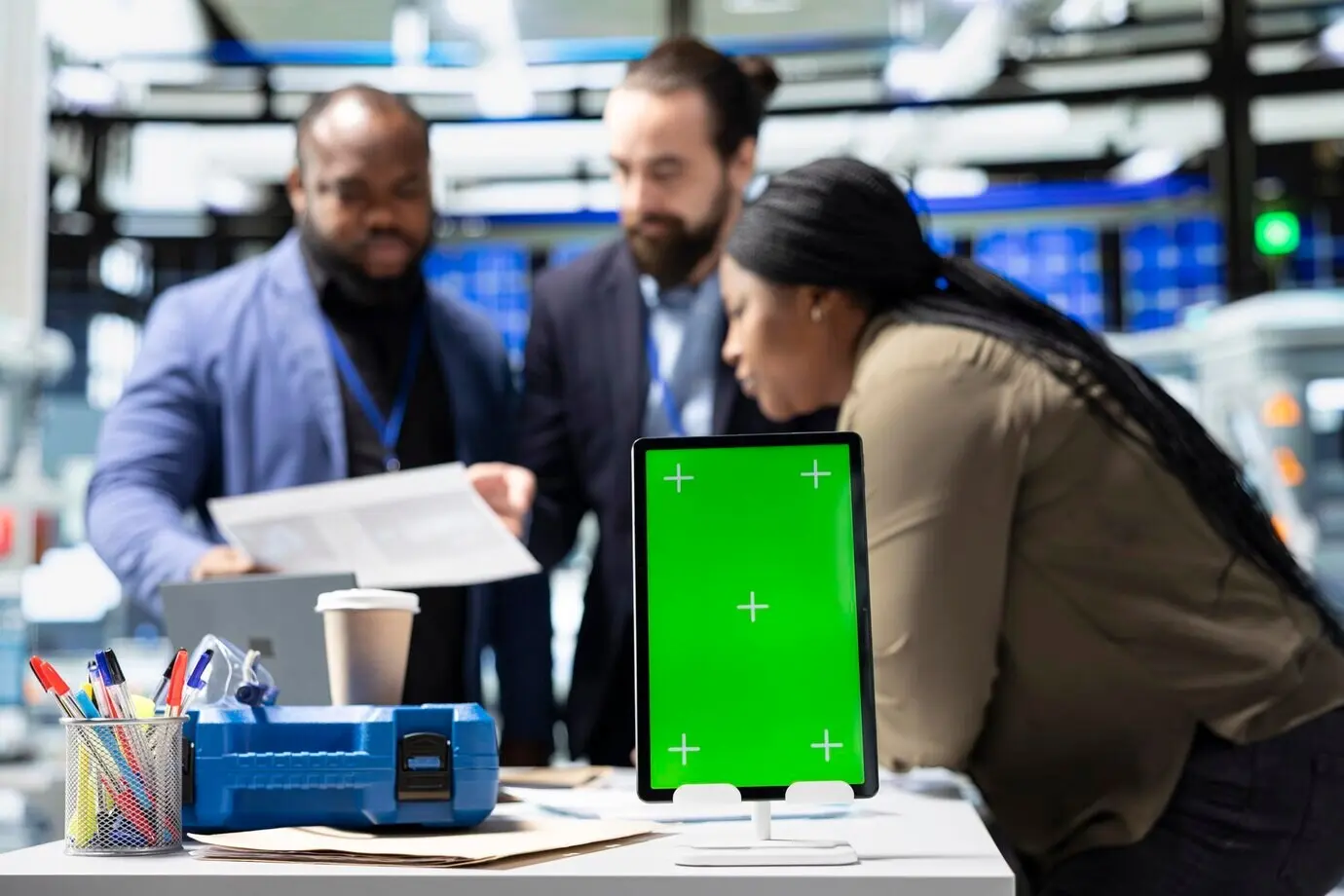 Члены команды в костюмах контролируют деятельность на фабрике рядом с зелёным экраном.